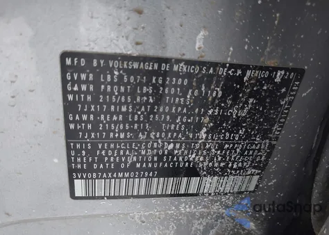 2021 Volkswagen Tiguan 2.0T S из США, поврежденный, VIN 3VV0B7AX4MM027947